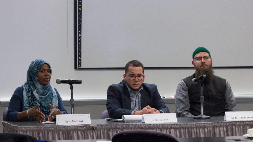 Panelists Nura Maznavi, Julio Rivera and Abdul-Malik Ryan