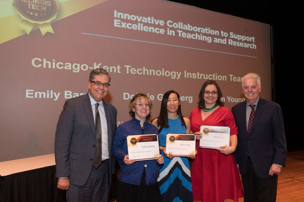 Chicago-Kent Staff Excellence Awardees Debbie Ginsberg, Dawn Young, and Emily Barney with IIT President Cramb and Provost Kilpatrick 