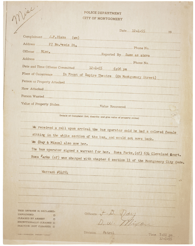 Rosa Parks Police Report, Page 1