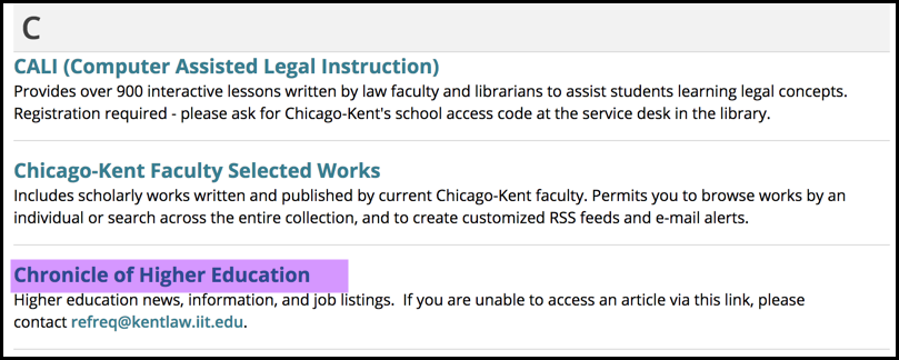 Chronicle Link on Library Databases page